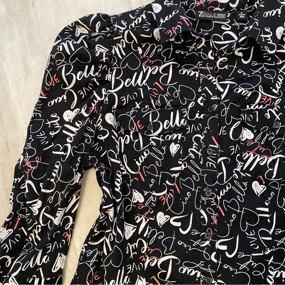 Graffiti Words Top Blouse Ciao Bella Pink Black Hearts Puffed Sleeves - Picture 9 of 9